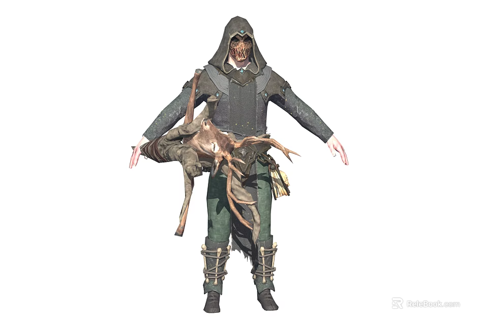 Game Movie Character In Hooded Cloak Holding Deer With Green Pants And Strapped Boots 3d model 