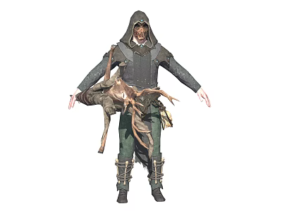 Game Movie Character In Hooded Cloak Holding Deer With Green Pants And Strapped Boots 3d model