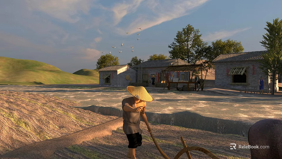 Idyllic Rural Pastoral Scenery With Working Farmer Rolling Hills And Old Stone Village Houses 3d model 