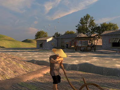 Idyllic Rural Pastoral Scenery With Working Farmer Rolling Hills And Old Stone Village Houses 3d model