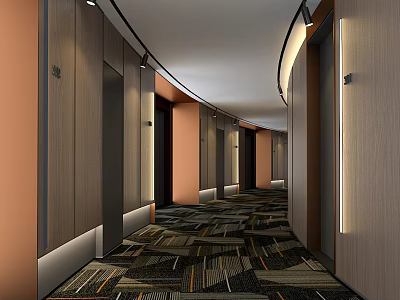 Modern Hotel Corridor with Curved Wooden Walls Patterned Carpet and Recessed Lighting 3d model