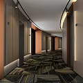 Modern Hotel Corridor with Curved Wooden Walls Patterned Carpet and Recessed Lighting