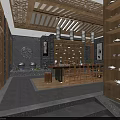 Traditional Chinese Tea House Interior With Latticed Wooden Ceiling Wooden Shelves Tea Sets And Tables