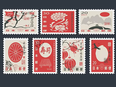Japanese Stamps Collection Featuring Cherry Blossom Peony Mountain And Lantern Designs 3d model