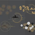 Modern Elegant Wall Decor With Golden Floral Circular Designs Metal Lines And Mountain Patterns