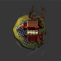 Fantasy Building With Red Roof On Floating Island And Curved Red Vine With Red Flower