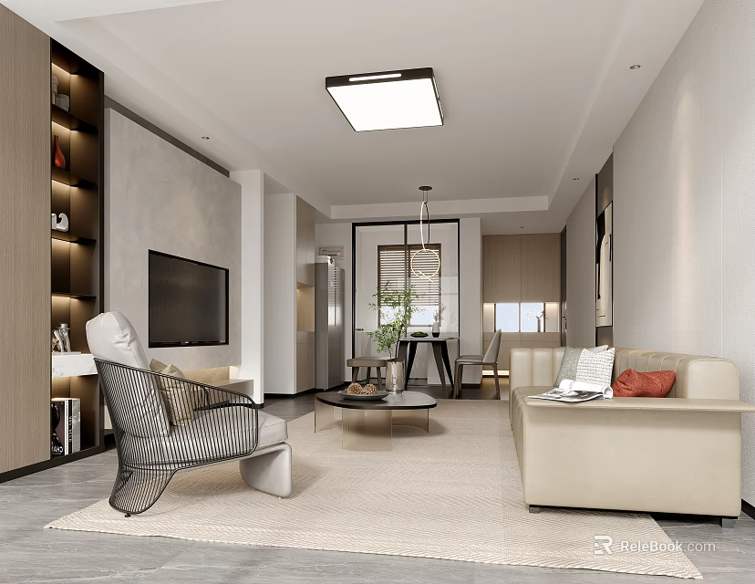 Modern Living Dining Room Interior With Sofa Coffee Table TV And Chandelier 3d model 