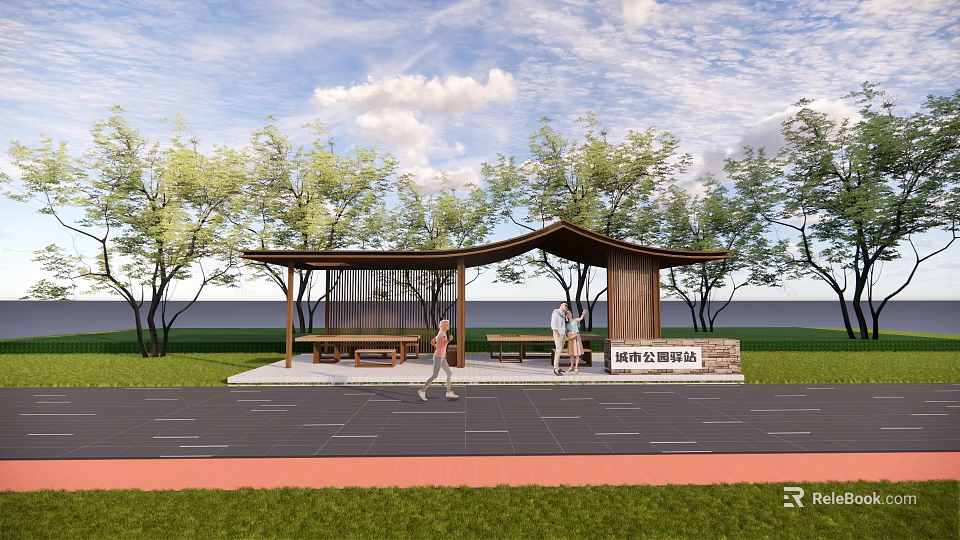 Scenic Outdoor Pavilion With Green Trees Benches And People Walking In Grassy Area 3d model 