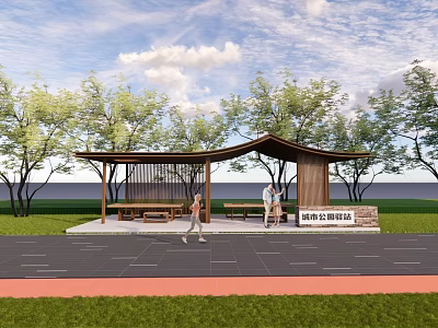 Scenic Outdoor Pavilion With Green Trees Benches And People Walking In Grassy Area 3d model