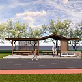 Scenic Outdoor Pavilion With Green Trees Benches And People Walking In Grassy Area