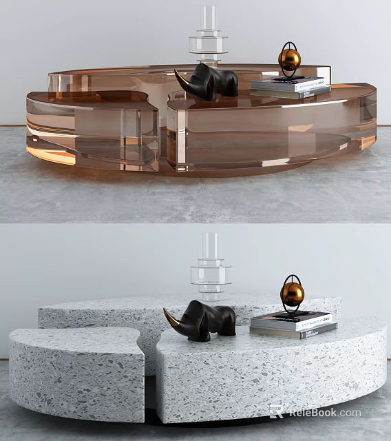 Modern Geometric Coffee Table With Acrylic Stone Design And Decorative Items 3d model 