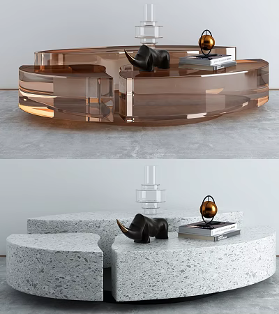 Modern Geometric Coffee Table With Acrylic Stone Design And Decorative Items 3d model