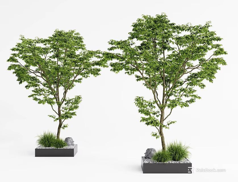 Square Tree Planter With Green Leaf Trees Stones And Grass Landscaping 3d model 