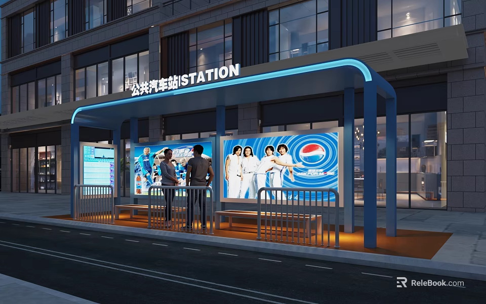 Modern Public Bus Station With Blue Canopy Billboard Seating And Digital Screens 3d model 