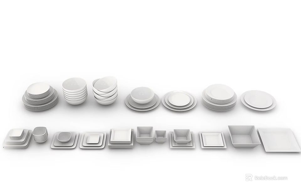 Complete White Tableware Set with Assorted Plates Bowls Cups Round and Square Pieces 3d model