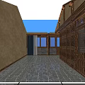 Hotel Bathroom Interior With Wooden Ceiling Shower Blinds Round Mirror Sink And Blue Rug
