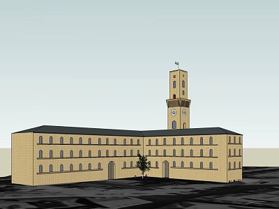 Light Yellow Multi Story Building Exterior With Tall Clock Tower Numerous Windows And Small Tree 3d model