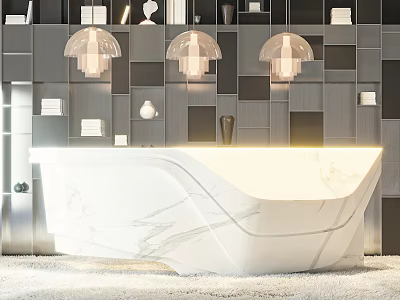 Modern Hotel Lobby Interior With Marble Reception Desk Geometric Wall And Pendant Lights 3d model