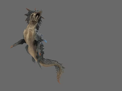 Mythical Aquatic Animal 3D Model With Spiked Back Long Tail Open Mouth And Blue Accents 3d model