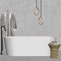 White Bathtub with Striped Bathrobe on Hanger Round Pendant Lights and Wooden Stool with Towels