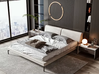 Minimalist Double Bed with Modern Headboard City View Through Large Windows Circular Mirror and Nightstands 3d model