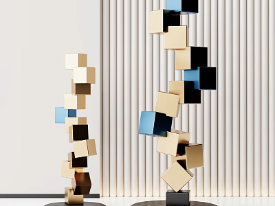 Abstract Cube Sculptures With Gold Black Blue Blocks Against White Striped Wall 3d model