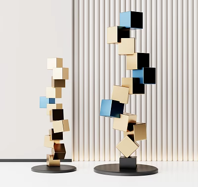Abstract Cube Sculptures With Gold Black Blue Blocks Against White Striped Wall 3d model