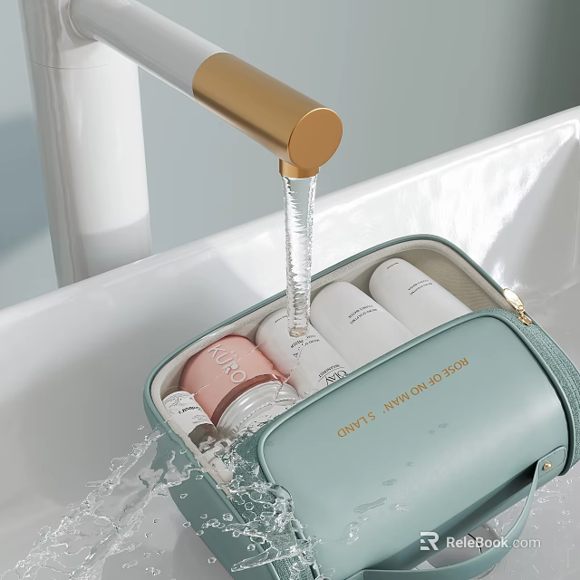 Light Green Toiletry Bag With Skincare Products As Water Splashes From Faucet 3d model 