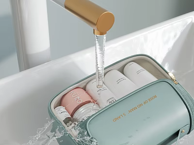 Light Green Toiletry Bag With Skincare Products As Water Splashes From Faucet 3d model
