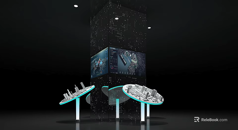 Modern Commercial Display Equipment Featuring Large Screens Circular Stands And City Models 3d model 
