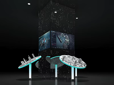 Modern Commercial Display Equipment Featuring Large Screens Circular Stands And City Models 3d model