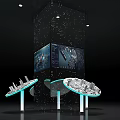 Modern Commercial Display Equipment Featuring Large Screens Circular Stands And City Models