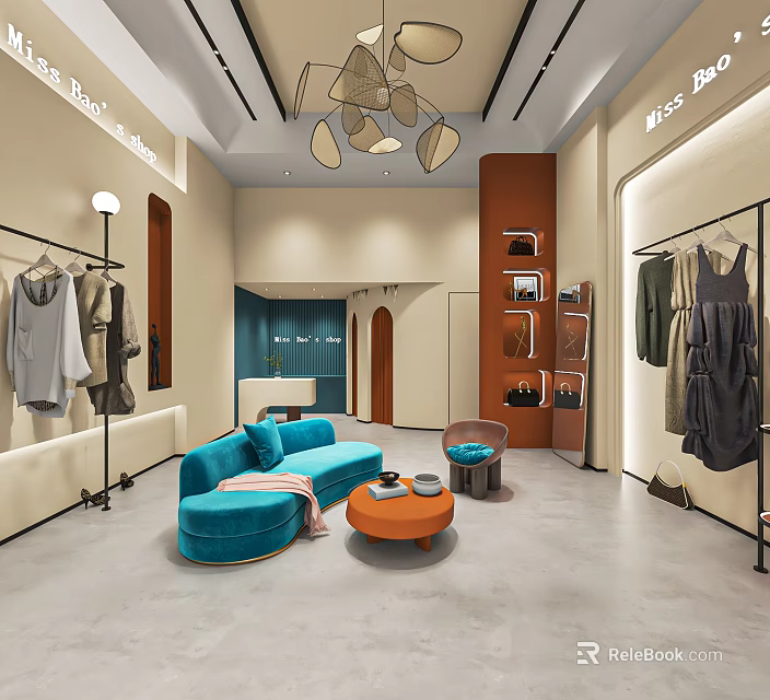 Modern Clothing Store Interior With Hanging Clothes Blue Sofa Orange Table And Display Racks 3d model 