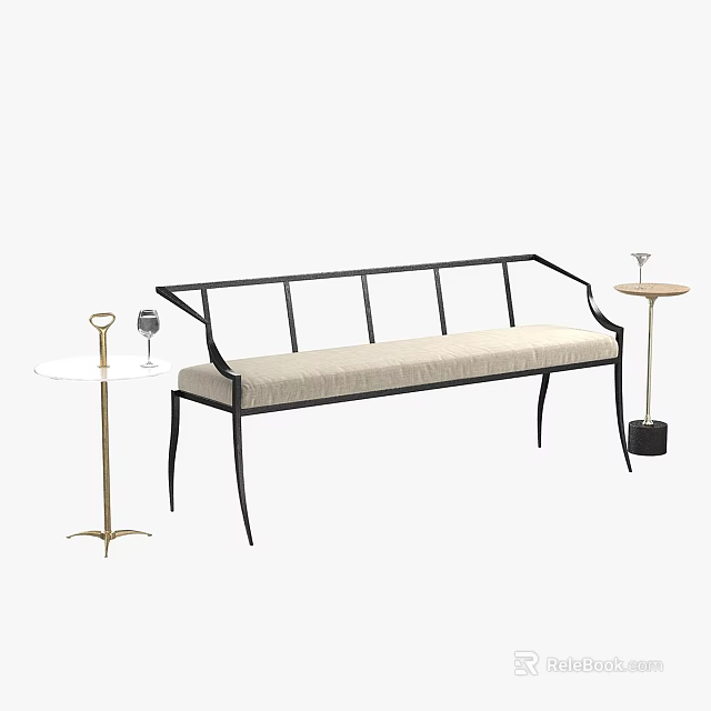 Stylish Single Accent Chair With Metal Frame Beige Cushion And Side Table Holding Wine Glass 3d model 