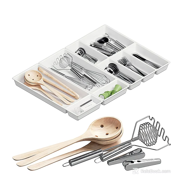 Tableware Set With Organizer Including Wooden Spoons Metal Tools And Compartments For Kitchen Storage 3d model 