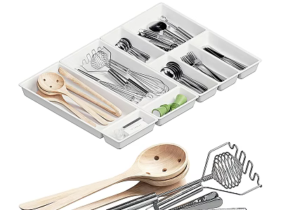 Tableware Set With Organizer Including Wooden Spoons Metal Tools And Compartments For Kitchen Storage 3d model