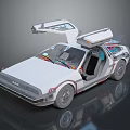 DeLorean DMC 12 Classic Car With Open Gull Wing Doors And White Exterior