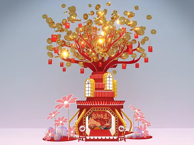 Ornamental Festive Display With Golden Tree Red Lanterns And Floral Decorations 3d model