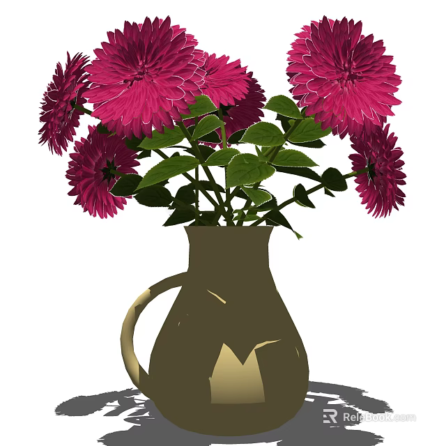 Ceramic Vase With Red Blooms And Green Leaves For Home Decoration 3d model 