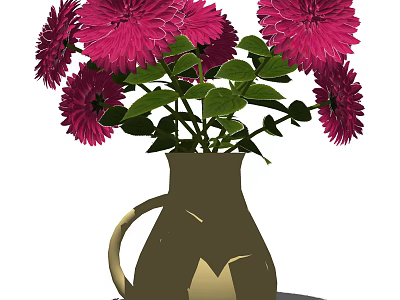 Ceramic Vase With Red Blooms And Green Leaves For Home Decoration 3d model