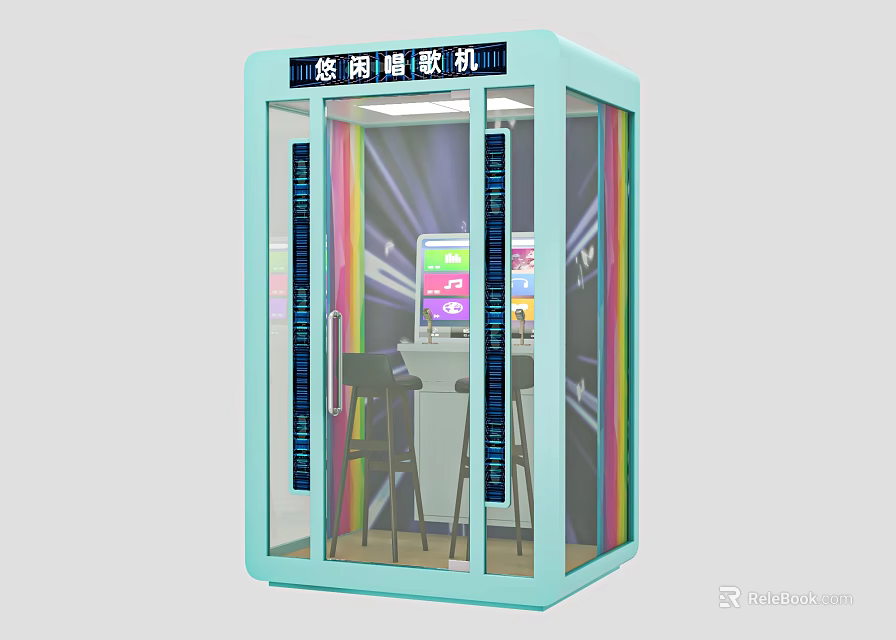 Public Facility Light Blue Karaoke Machine With Transparent Glass Door And Interior Equipment Seats 3d model 