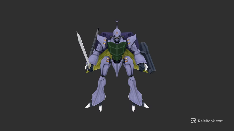 Purple Mech Game Movie Character With Green Armor Holding Sword And Sharp Claws 3d model 