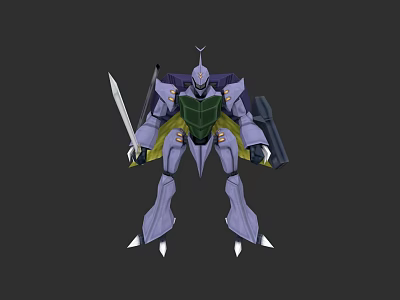 Purple Mech Game Movie Character With Green Armor Holding Sword And Sharp Claws 3d model