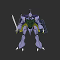 Purple Mech Game Movie Character With Green Armor Holding Sword And Sharp Claws
