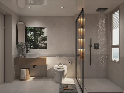 Contemporary Bathroom Interior Design With Lighted Glass Shower Wooden Vanity And Round Mirror 3d model
