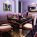 Elegant Dining Table Set with Upholstered Chairs Decorative Paintings and Tableware 3d model