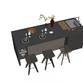 Modern Kitchen Island With Grey Countertop Stovetop Fruits Sink And Wooden Stools