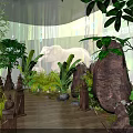 Natural Animal Museum Interior With Elephant Sculpture Green Plants And Wooden Walkway