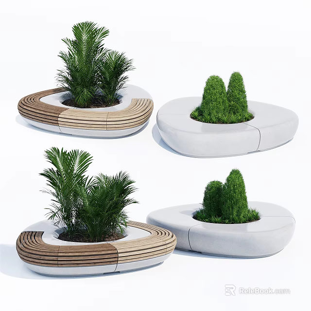 Modern Outdoor Chairs With Circular Design Wooden And White Frames Featuring Potted Plants 3d model 