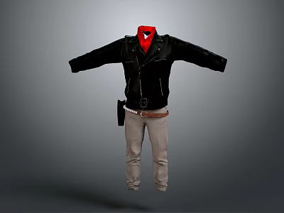 Black Leather Jacket With Red Scarf Gray Pants And Brown Belt 3d model